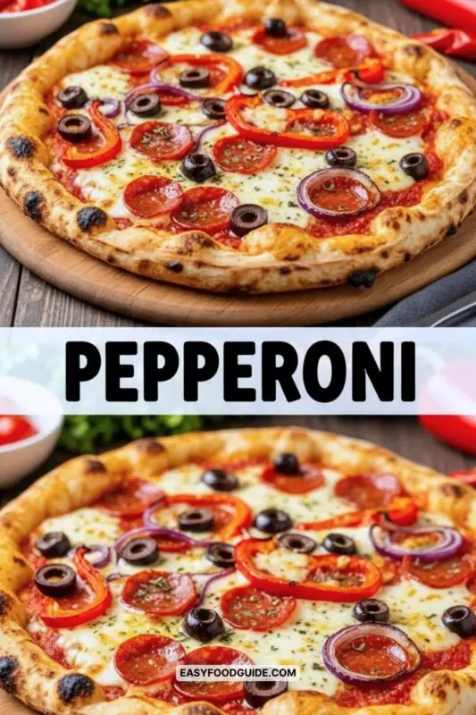 A delicious pepperoni and salami picante pizza with a crispy crust, topped with mozzarella, roasted capsicum, and kalamata olives.