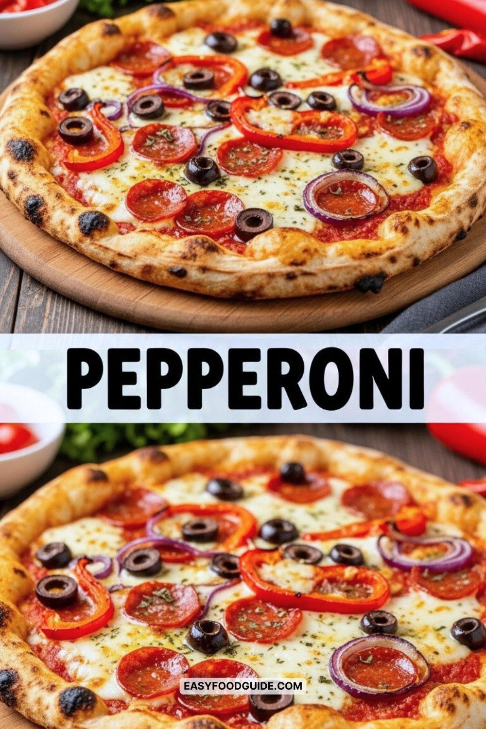A delicious pepperoni and salami picante pizza with a crispy crust, topped with mozzarella, roasted capsicum, and kalamata olives.