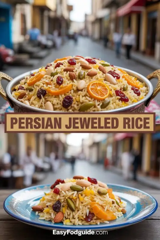 A colorful bowl of Persian Jeweled Rice with saffron rice, nuts, and dried fruits, garnished with herbs.