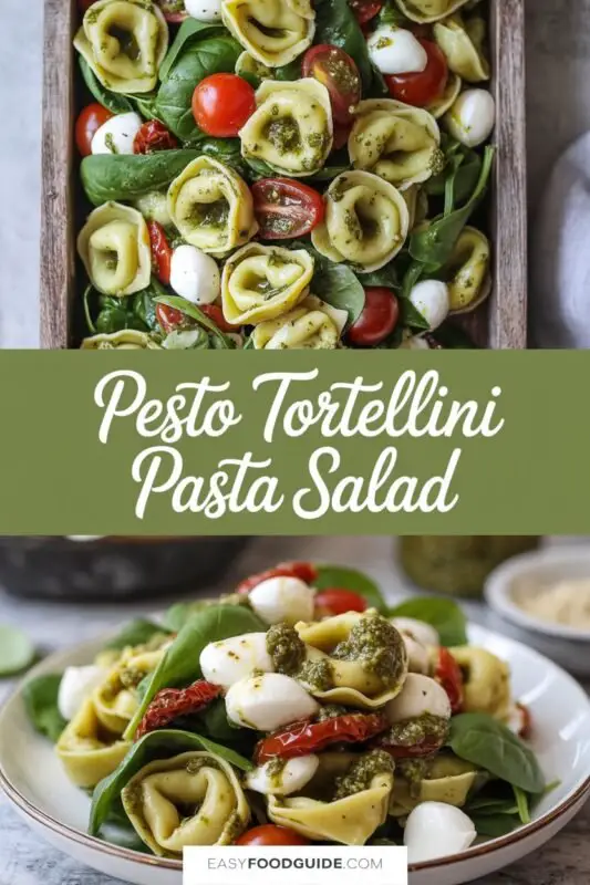A refreshing Pesto Tortellini Pasta Salad with cherry tomatoes, spinach, and mozzarella, served in a rustic bowl outdoors.