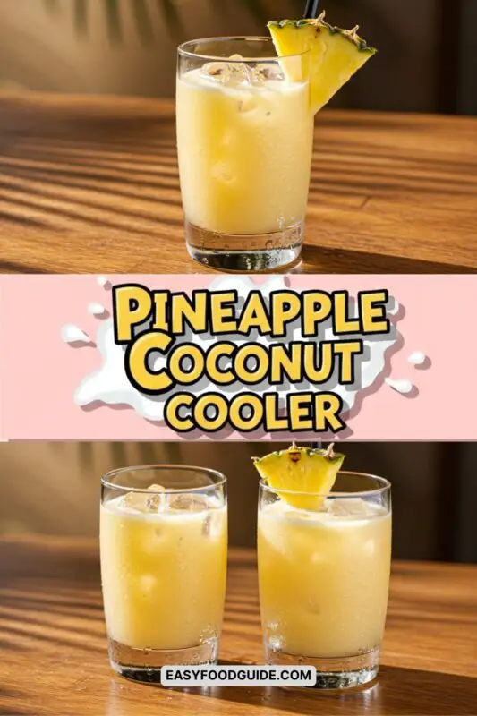 A refreshing Pineapple Coconut Cooler in a glass with ice, garnished with a pineapple wedge, set against a beach background.
