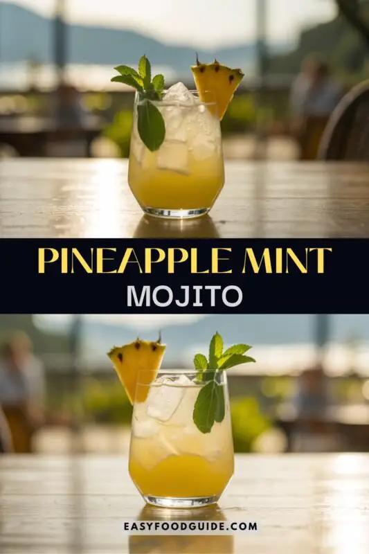 A refreshing Pineapple Mint Mojito in a glass with mint and pineapple garnish on a wooden table.
