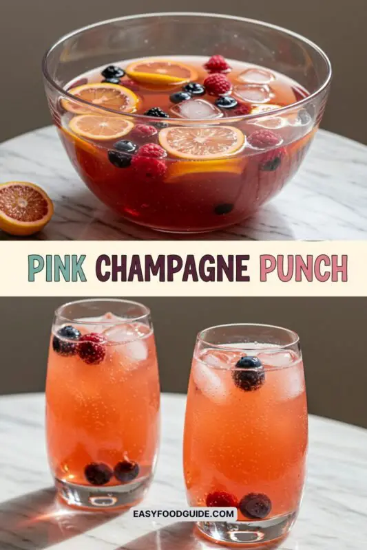 A bowl of pink champagne punch with berries and citrus slices on a marble table, ideal for parties.