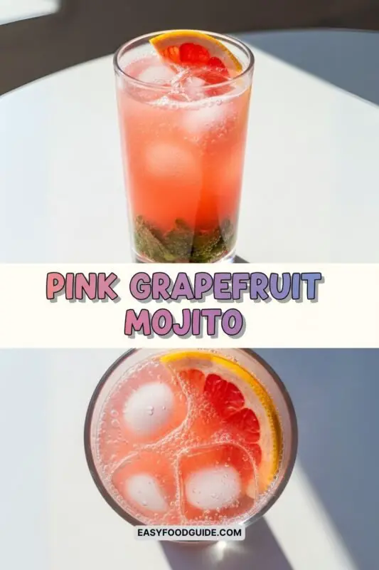 A refreshing Pink Grapefruit Mojito in a glass with mint and grapefruit garnish, set in a sunny outdoor setting.