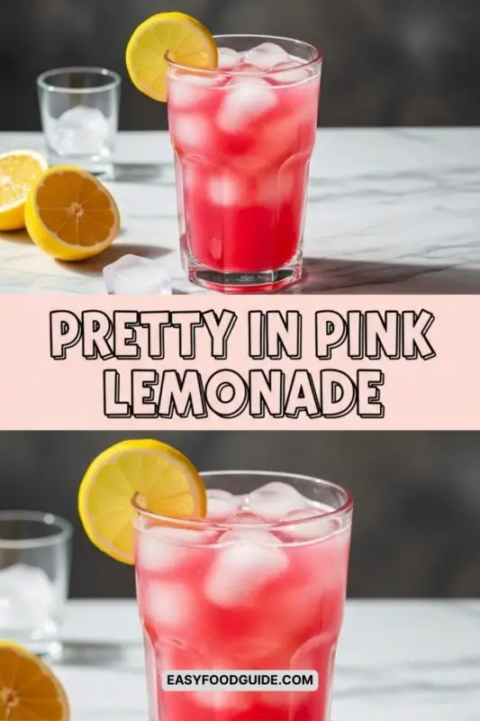 Pretty in Pink Lemonade cocktail in a tall glass with ice and lemon wheel on a marble countertop.