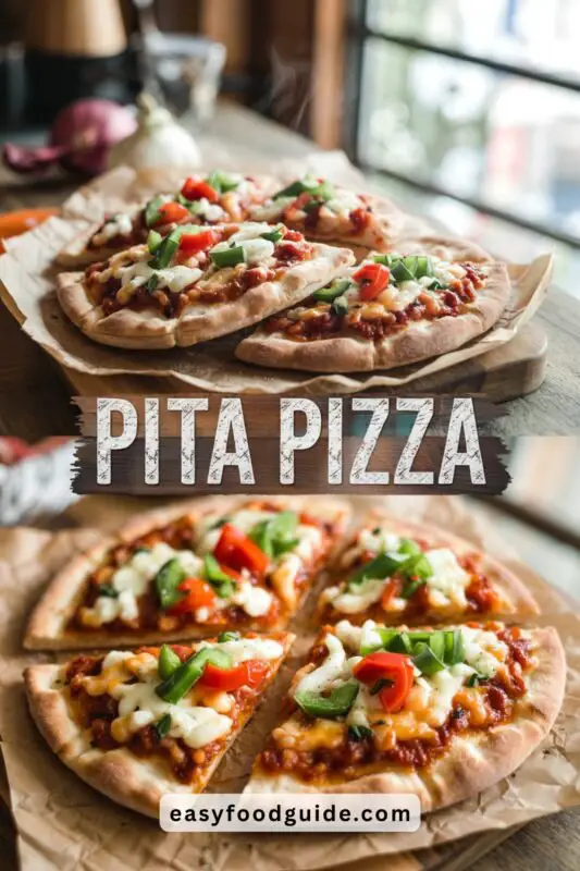 Crispy Pita Pizza with vegetables and mozzarella cheese on a wooden board, served with marinara sauce.