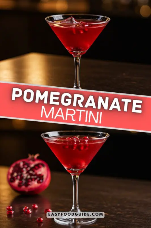 A Pomegranate Martini in a chilled glass with pomegranate seeds, on a bar countertop with soft lighting.