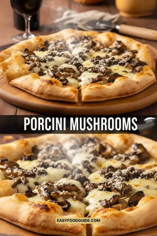 Gourmet porcini mushroom pizza with mozzarella and pecorino cheese, garnished with parsley on a rustic wooden board.