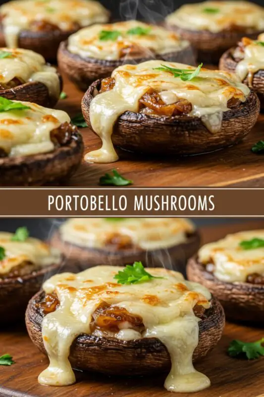 Gourmet Portobello mushroom pizza with mozzarella, brie, and caramelized onions on a wooden board.
