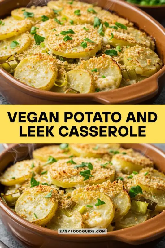 A delicious Vegan Potato and Leek Casserole with layers of potatoes and leeks, topped with breadcrumbs and parsley.
