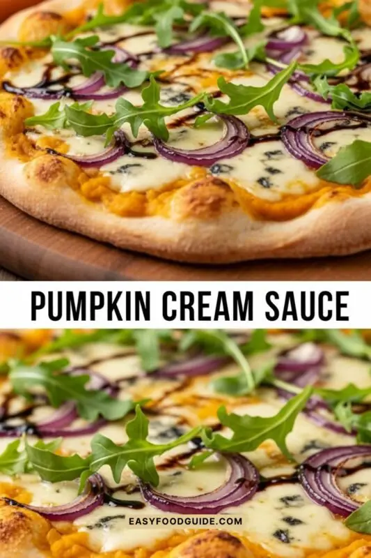 pumpkin-cream-sauce-3 Pumpkin cream sauce pizza topped with mozzarella, gorgonzola, red onions, and rocket, drizzled with balsamic reduction on a wooden table.
