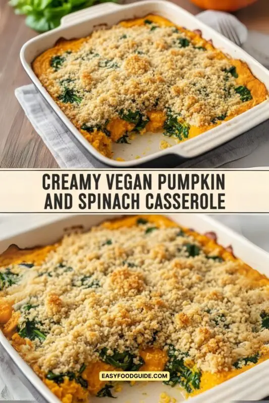 Creamy vegan pumpkin and spinach casserole with breadcrumb topping in a rustic dish, surrounded by autumn decor.