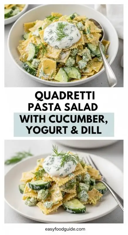 A colorful bowl of Quadretti Pasta Salad with cucumbers and dill, garnished with lemon, on a bright table.