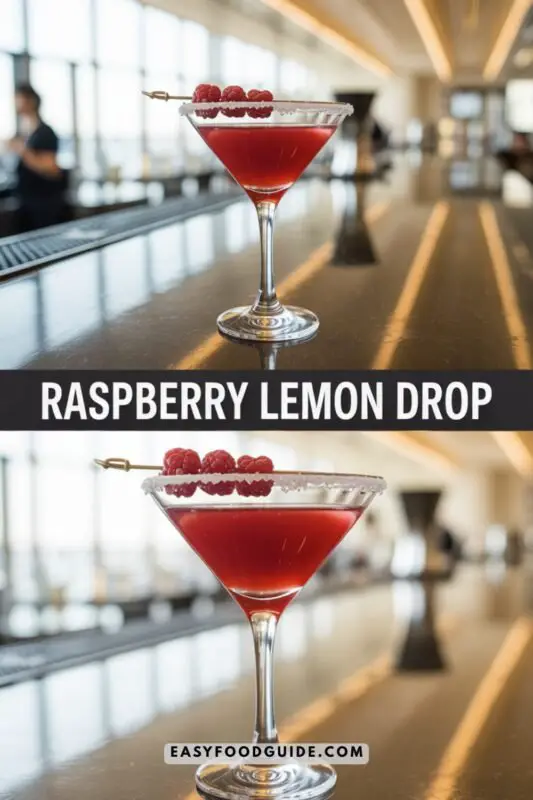 A Raspberry Lemon Drop cocktail in a sugared-rim glass, garnished with raspberries on a wooden table.