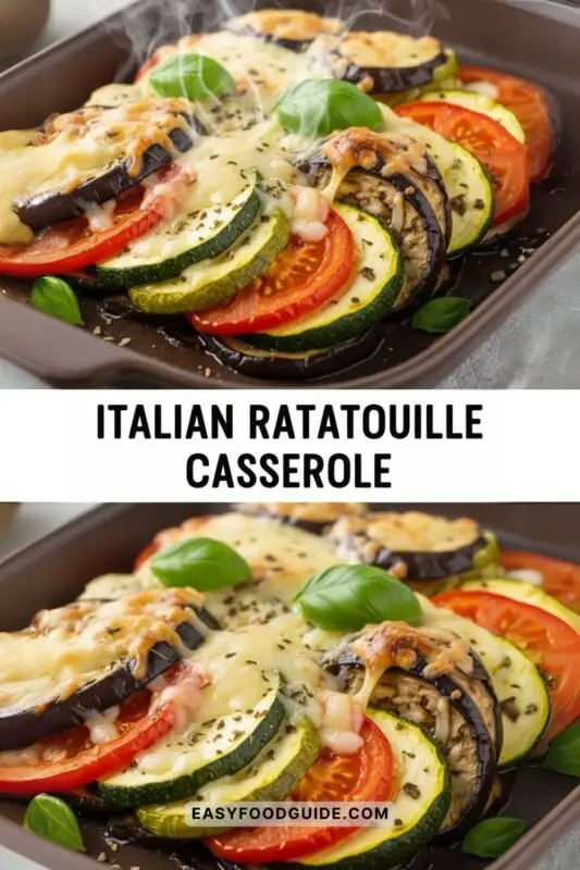 A colorful Italian Ratatouille Casserole with layers of eggplant, zucchini, tomatoes, and bell peppers, garnished with basil, on a rustic wooden table.