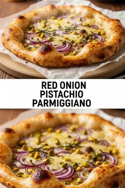 red-onion-pistachio-parmiggiano-2 A gourmet Red Onion Pistachio Parmiggiano Pizza with crispy crust, red onions, pistachios, and rosemary on a wooden board.