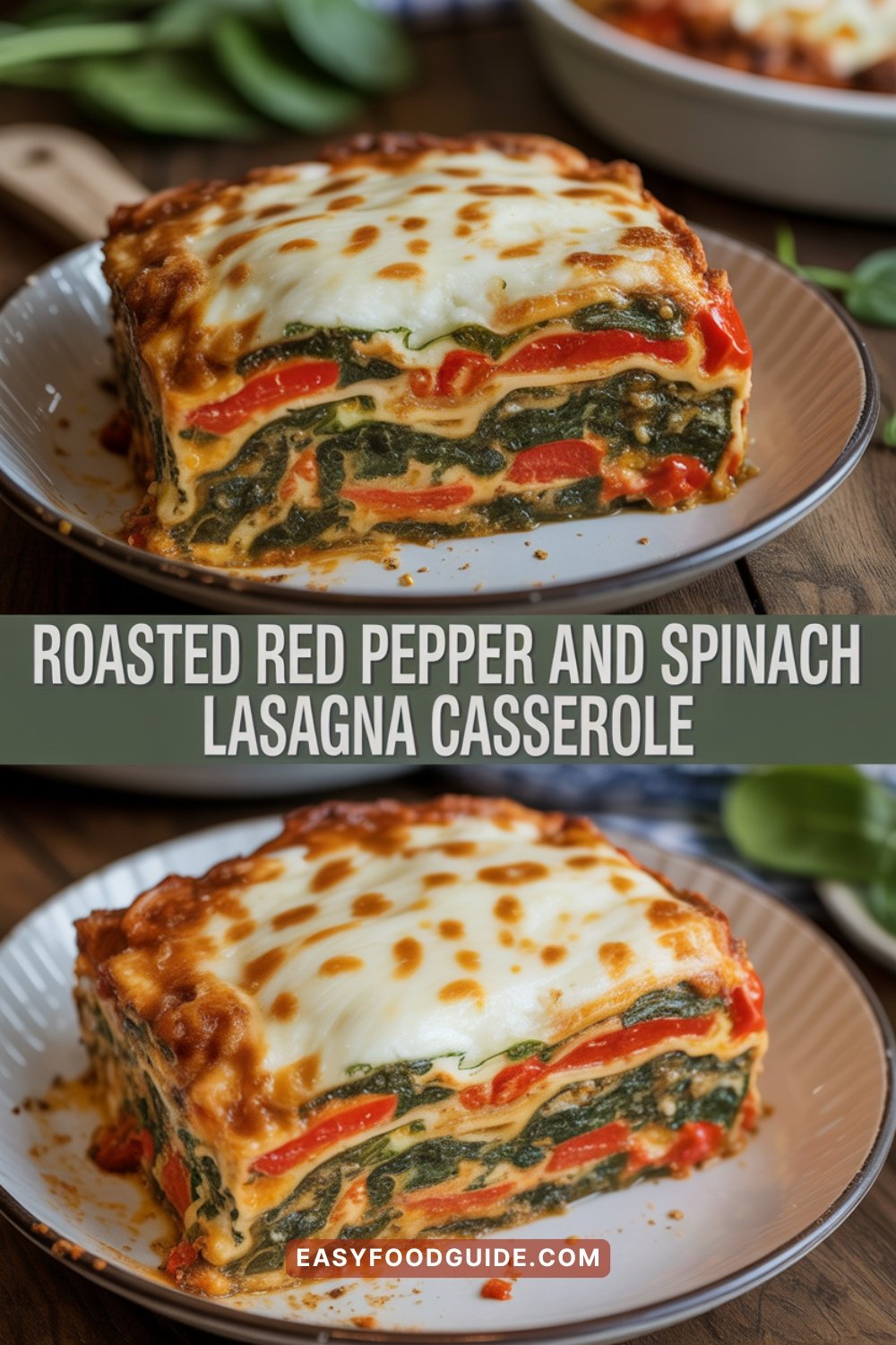 A slice of Roasted Red Pepper and Spinach Lasagna Casserole with layers of cheese, spinach, and red peppers, garnished with basil on a rustic table.