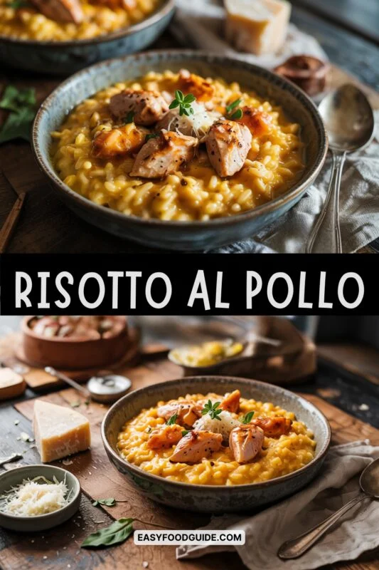 A bowl of creamy Risotto Al Pollo with chicken and saffron, garnished with cheese, on a rustic table.