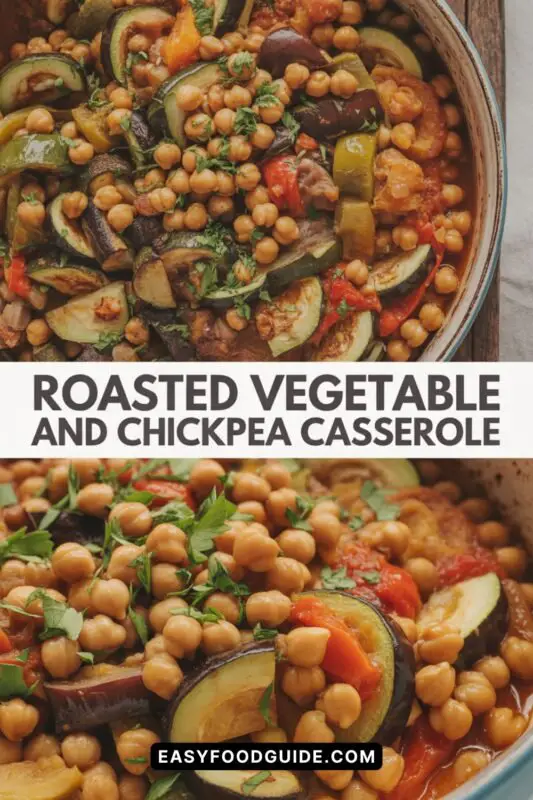 A hearty casserole with roasted vegetables and chickpeas in a rustic dish, highlighted with warm lighting.