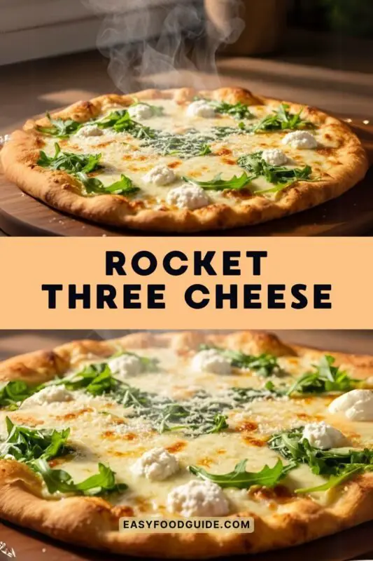 This Rocket Three Cheese Pizza has mozzarella, Romano, and white cheddar on flatbread. View the recipe for a quick dinner or elevated pizza night.