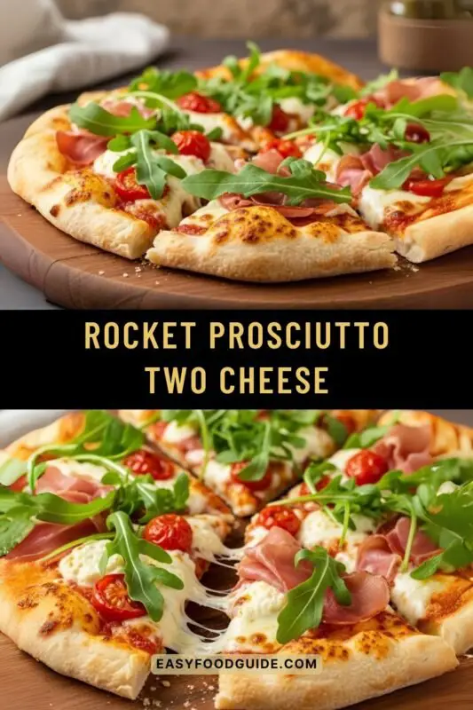 rocket-prosciutto-two-cheese-2 Rocket Prosciutto Two Cheese Pizza with arugula, prosciutto, mozzarella, and ricotta salata on a wooden board.