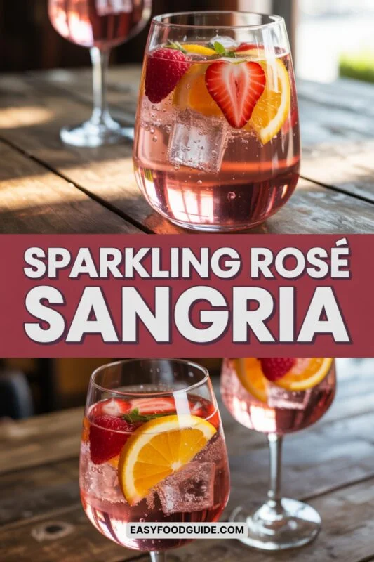 A refreshing glass of sparkling rosé sangria with berries and citrus on a rustic table.