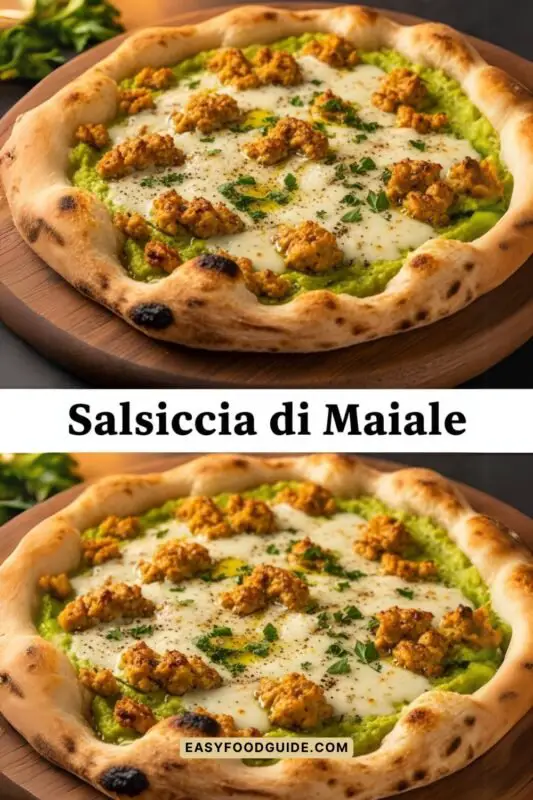 salsiccia-di-maiale-1 Salsiccia di Maiale pizza with broccoli, fennel sausage, and mozzarella on a wooden table.