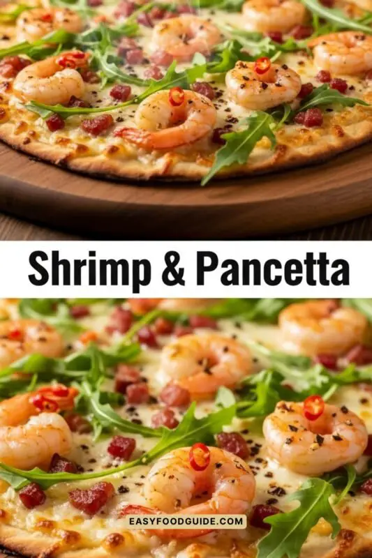 shrimp-pancetta-5 Shrimp & Pancetta pizza with mozzarella, shrimp, pancetta, and rocket on a wooden board.