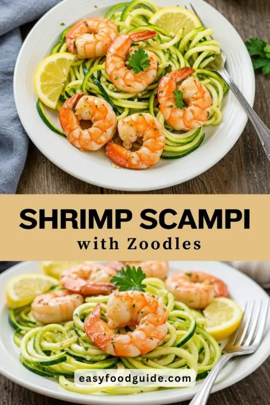 Garlic shrimp scampi over zucchini noodles, garnished with parsley and lemon, on a rustic table.