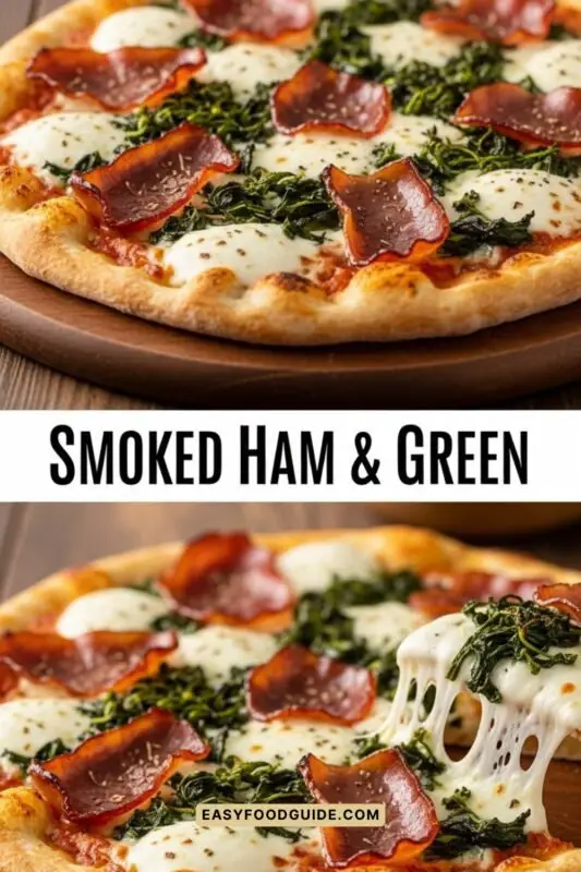 smoked-ham-green-3 Gourmet Smoked Ham & Green Pizza with Fior di Latte, herbed ham, and greens on a wooden table.