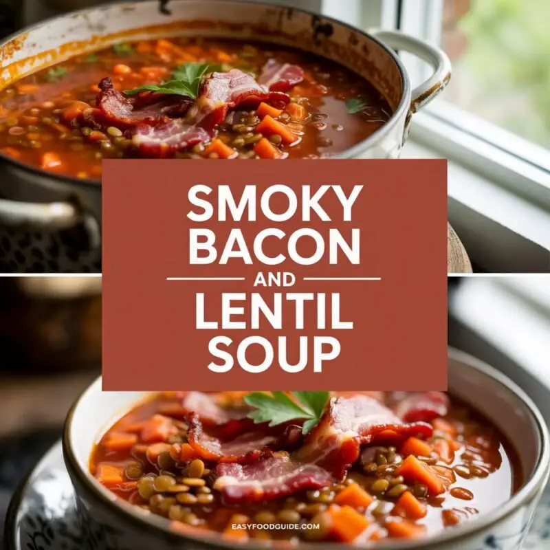 A hearty bowl of Smoky Bacon and Lentil Soup with bacon, lentils, and vegetables, garnished with parsley.