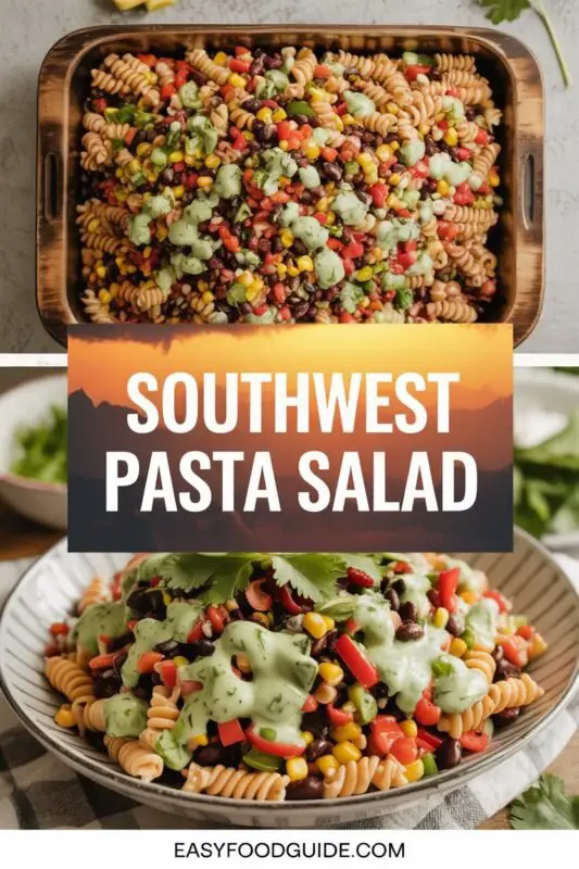A vibrant bowl of Southwest Pasta Salad with rotini pasta, black beans, corn, bell peppers, and tomatoes, garnished with cilantro.