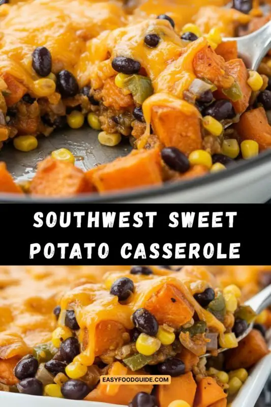 A baked Southwest Sweet Potato Casserole with cheese, black beans, and corn, garnished with lime wedges on a wooden table.