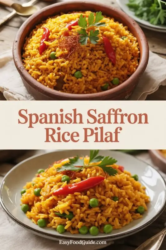 Golden Spanish Saffron Rice Pilaf with vegetables, garnished with parsley in a rustic bowl.