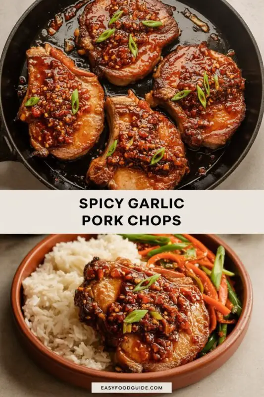 Spicy garlic pork chops on a plate with jasmine rice and stir-fried vegetables.