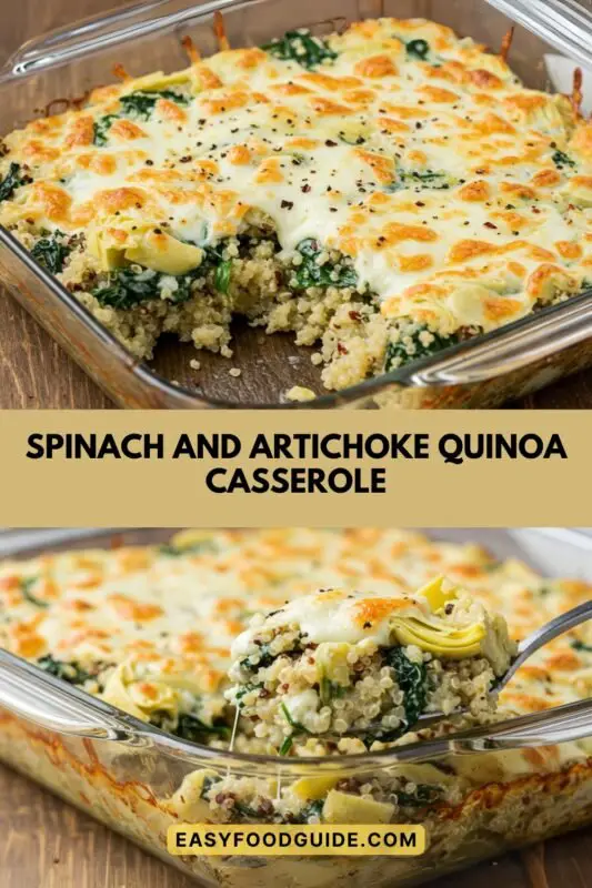 Spinach and artichoke quinoa casserole in a rustic dish with cheesy layers, served with a spoon.