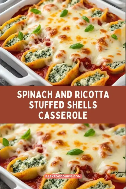 A delicious Spinach and Ricotta Stuffed Shells Casserole with melted cheese and marinara sauce, served in a rustic dish.