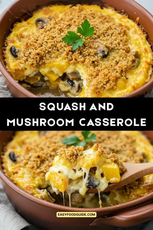A delicious squash and mushroom casserole with a golden breadcrumb topping, served in a rustic dish on a wooden table.