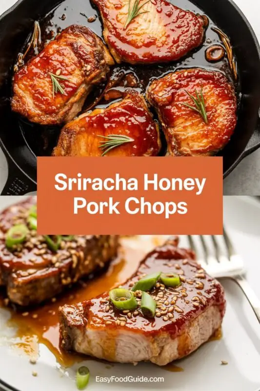 A succulent Sriracha Honey Pork Chop on a plate with rice and vegetables, garnished with green onions.