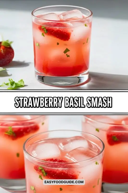 A refreshing Strawberry Basil Smash cocktail with muddled strawberries and basil in a rocks glass on a bright countertop.