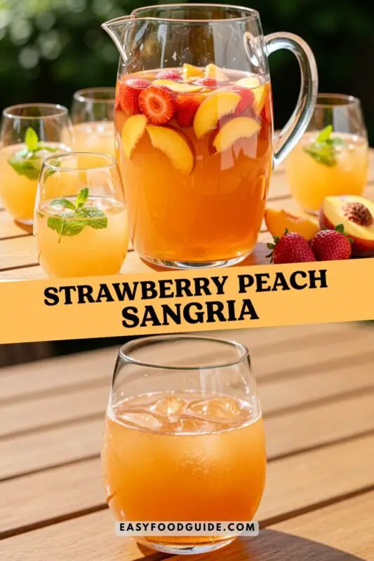 A pitcher of Strawberry Peach Sangria with fresh strawberries and peaches, served on a rustic table.