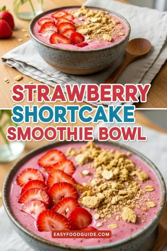 Strawberry Shortcake Smoothie Bowl with fresh strawberries, granola, and honey on a pink and white tablecloth.