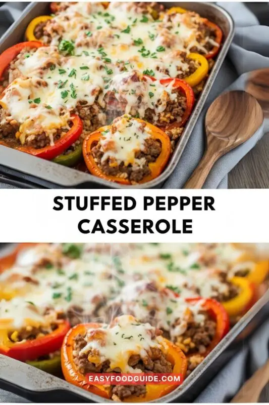 stuffed-pepper-1 A hearty stuffed bell pepper casserole with layers of peppers, beef, rice, and cheese in a baking dish.