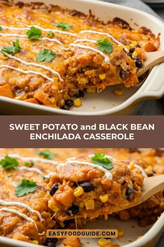A delicious Sweet Potato and Black Bean Enchilada Casserole topped with cheese and cilantro on a vibrant tablecloth.
