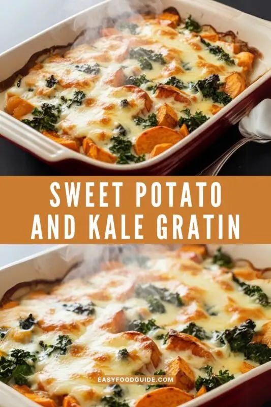 A delicious Sweet Potato and Kale Gratin with layers of sweet potatoes and kale, topped with melted gruyère cheese in a rustic casserole dish.