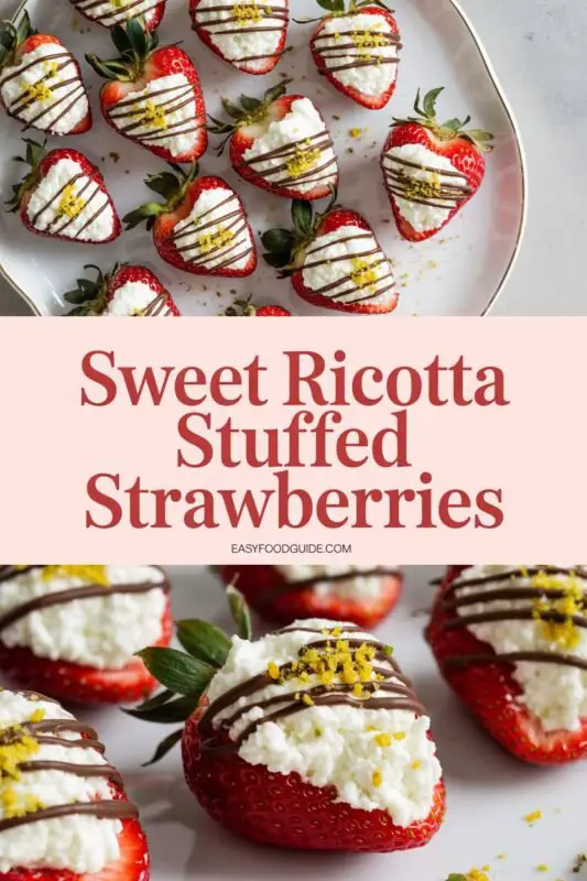 A colorful display of ricotta stuffed strawberries drizzled with chocolate and topped with pistachios on a wooden table.