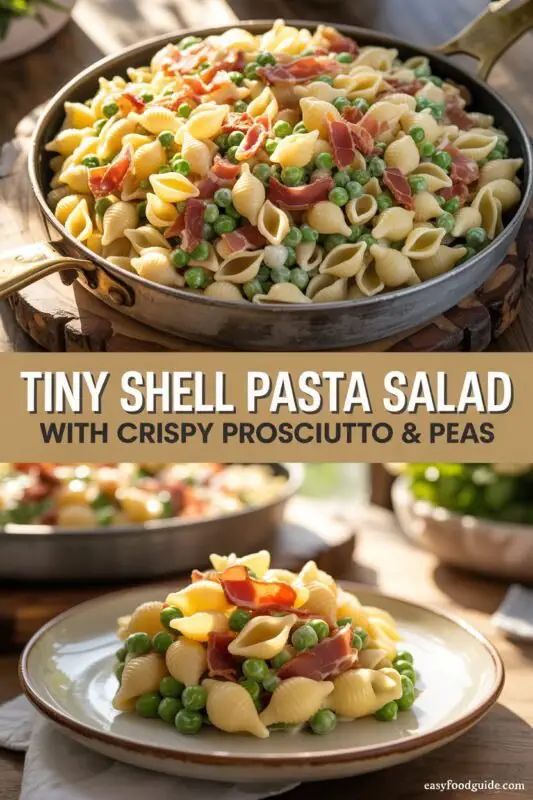 A colorful bowl of Tiny Shell Pasta Salad with peas and crispy prosciutto, garnished with parsley.