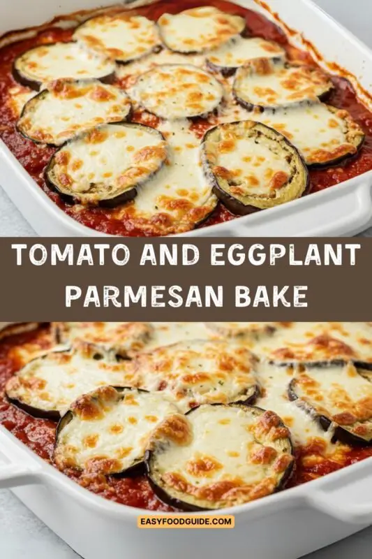 A hearty Tomato and Eggplant Parmesan Bake with layers of eggplant, tomatoes, and melted cheese, garnished with basil.