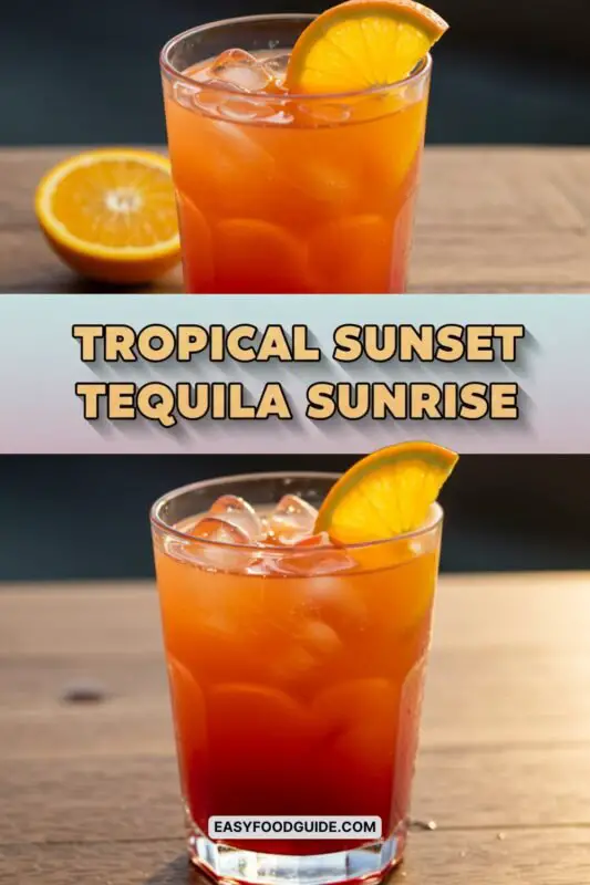 A Tropical Sunset Tequila Sunrise cocktail with layers of orange and red, set against a beach sunset.