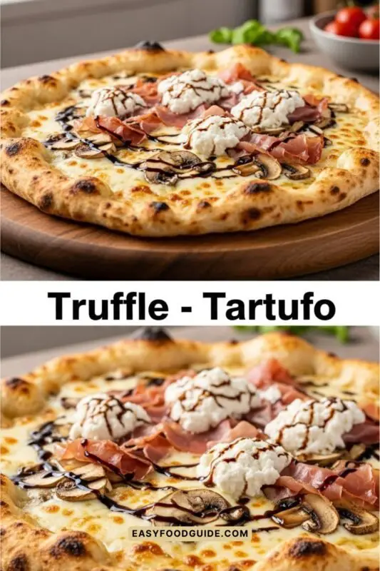 truffle-tartufo-3 Gourmet Truffle Tartufo pizza with truffle cream, Fior di Latte, mushrooms, prosciutto, and ricotta salata on a wooden table.
